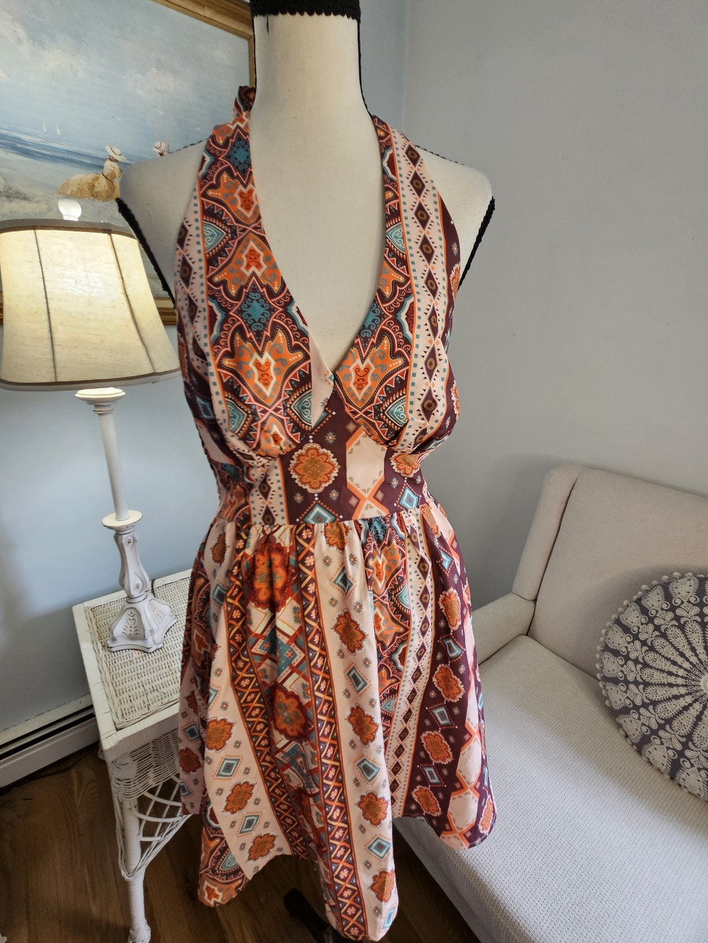 Cupshe Boho Halter Mini Dress in Rust, Cream & Teal.p54